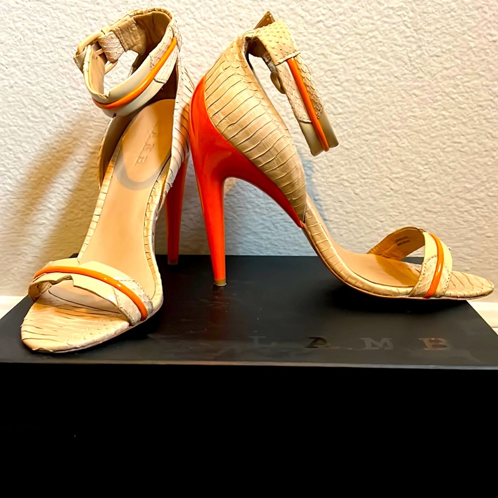 L.A.M.B Orange and cream snakeskin heels